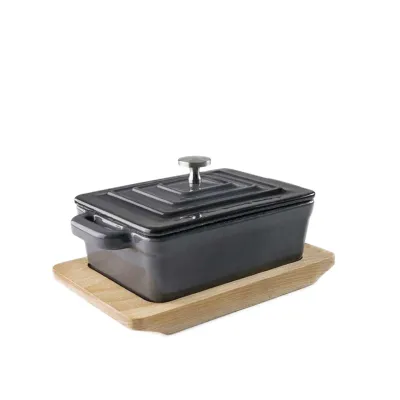 Caçarola Ferro Fundido Grey com Base Madeira Retangular 300ml 13X9X4.5cm